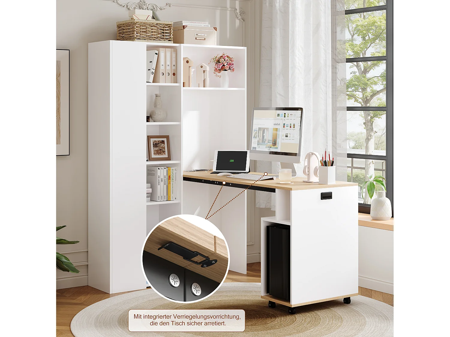Bureau pliant et bibliothèque 2 en 1 - 104.5 x 30.5 x 160 cm - avec étagères+ USB - MDF - blanc