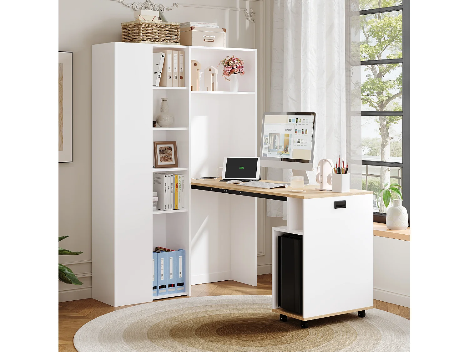 Bureau pliant et bibliothèque 2 en 1 - 104.5 x 30.5 x 160 cm - avec étagères+ USB - MDF - blanc
