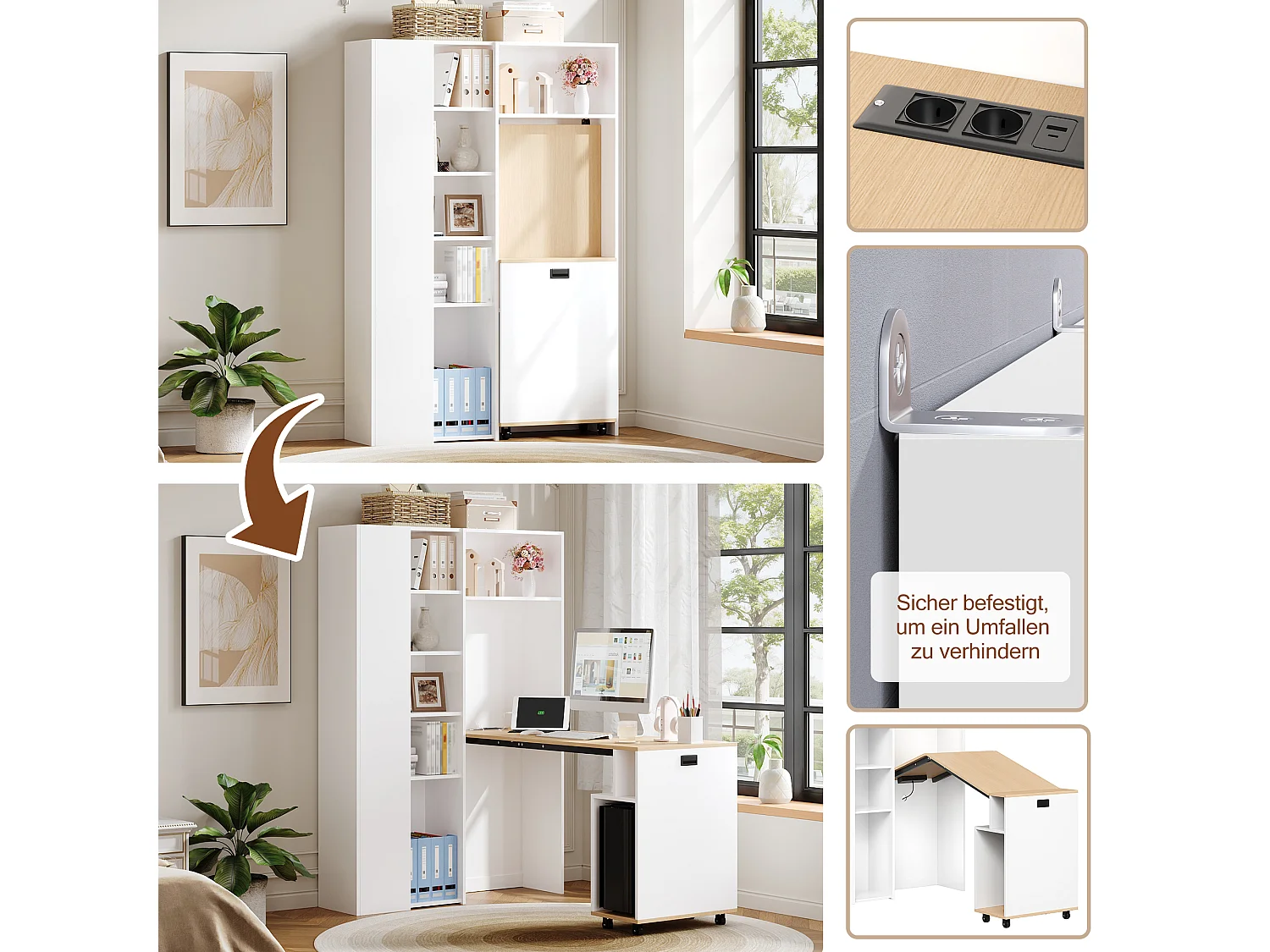 Bureau pliant et bibliothèque 2 en 1 - 104.5 x 30.5 x 160 cm - avec étagères+ USB - MDF - blanc