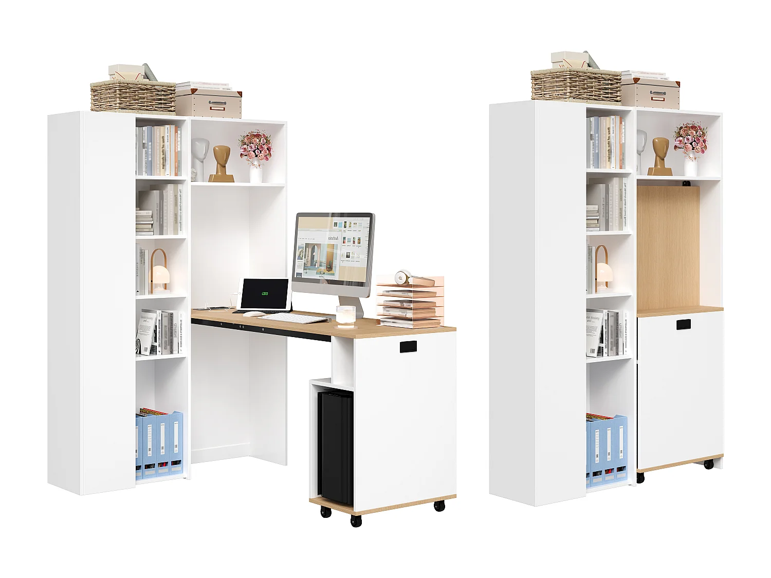 Bureau pliant et bibliothèque 2 en 1 - 104.5 x 30.5 x 160 cm - avec étagères+ USB - MDF - blanc