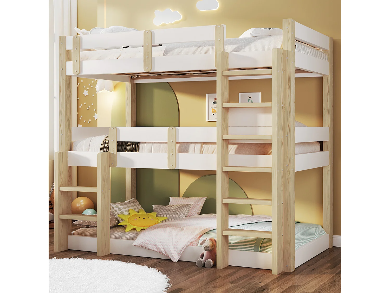 Lit superposé 3 places pour enfants - 3 x 90 x 190 cm - avec 2 échelles + barrières de sécurité - bois - blanc + naturel