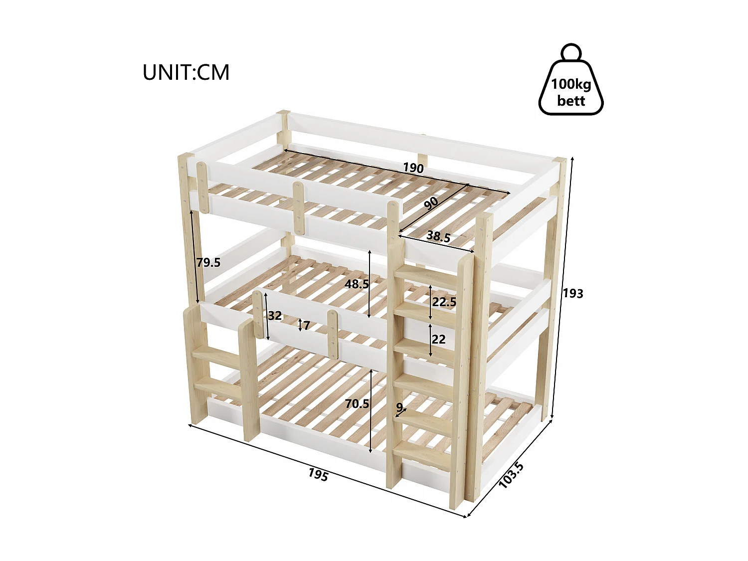 Lit superposé 3 places pour enfants - 3 x 90 x 190 cm - avec 2 échelles + barrières de sécurité - bois - blanc + naturel