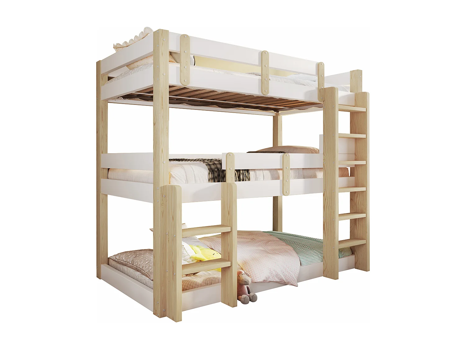 Lit superposé 3 places pour enfants - 3 x 90 x 190 cm - avec 2 échelles + barrières de sécurité - bois - blanc + naturel