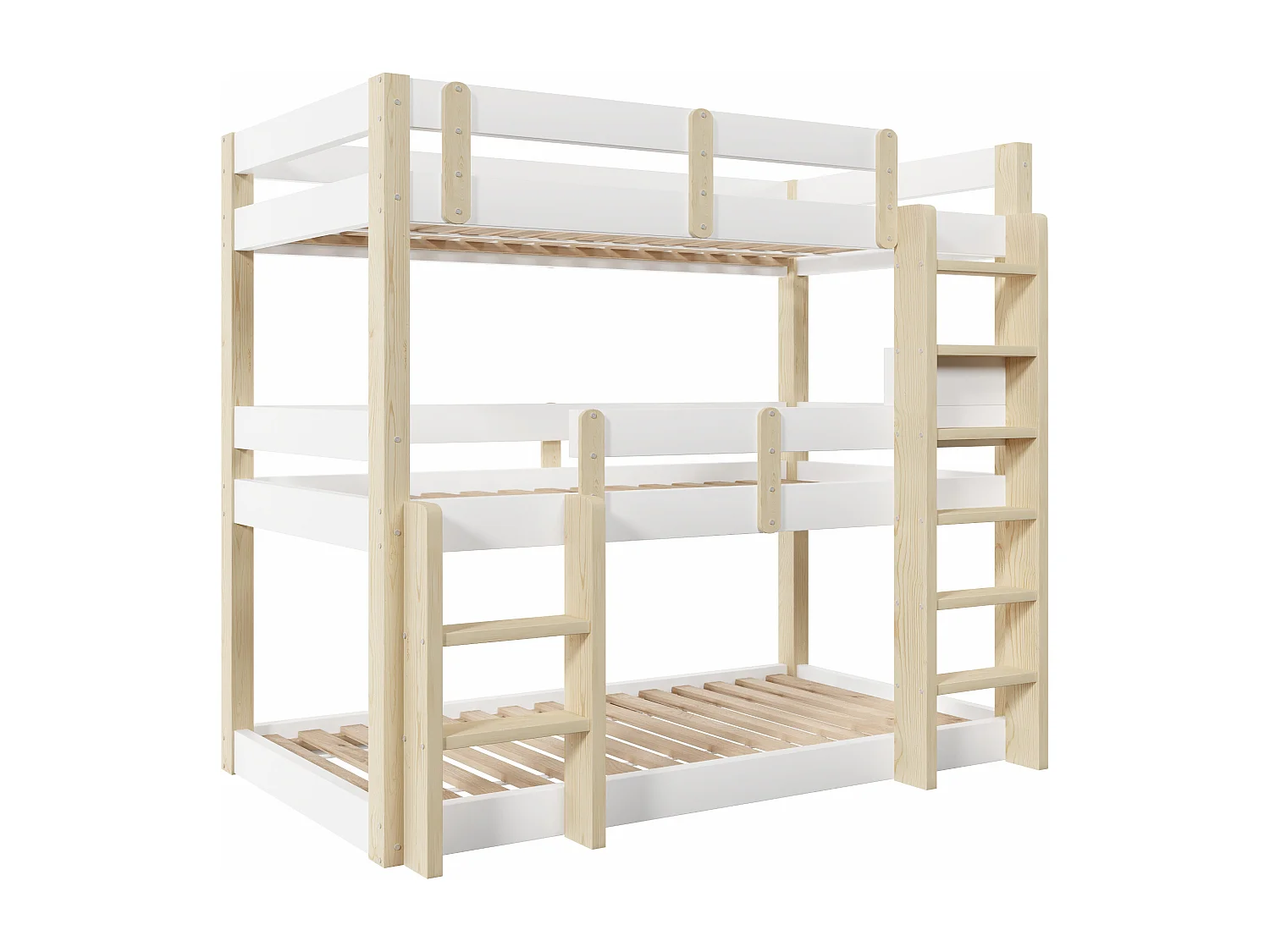 Lit superposé 3 places pour enfants - 3 x 90 x 190 cm - avec 2 échelles + barrières de sécurité - bois - blanc + naturel