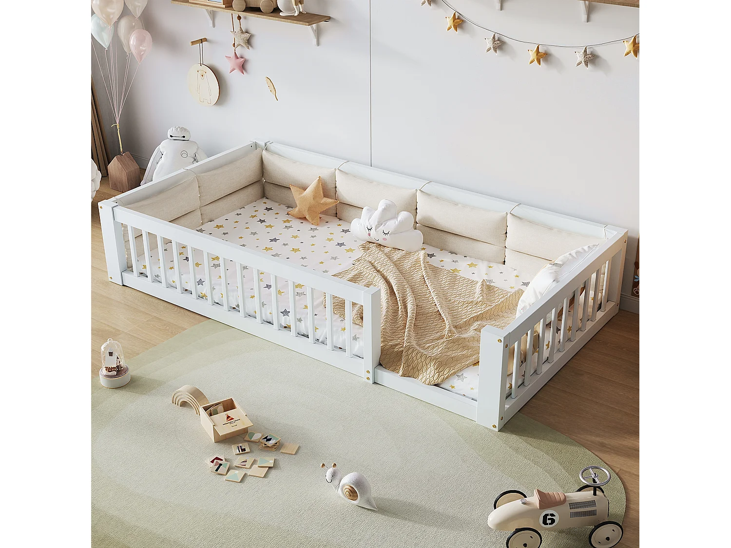 Lit plateforme pour enfant - 90 x 200 cm - avec garde-corps - avec sommier à lattes - bois + MDF - blanc