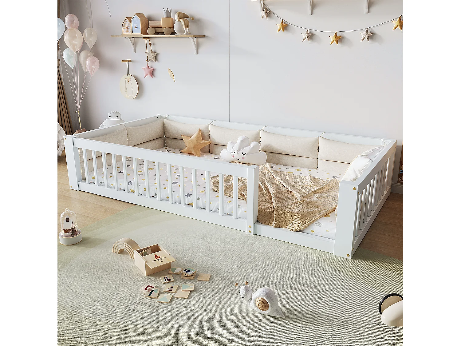 Lit plateforme pour enfant - 90 x 200 cm - avec garde-corps - avec sommier à lattes - bois + MDF - blanc