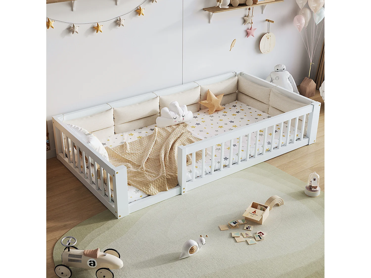 Lit plateforme pour enfant - 90 x 200 cm - avec garde-corps - avec sommier à lattes - bois + MDF - blanc