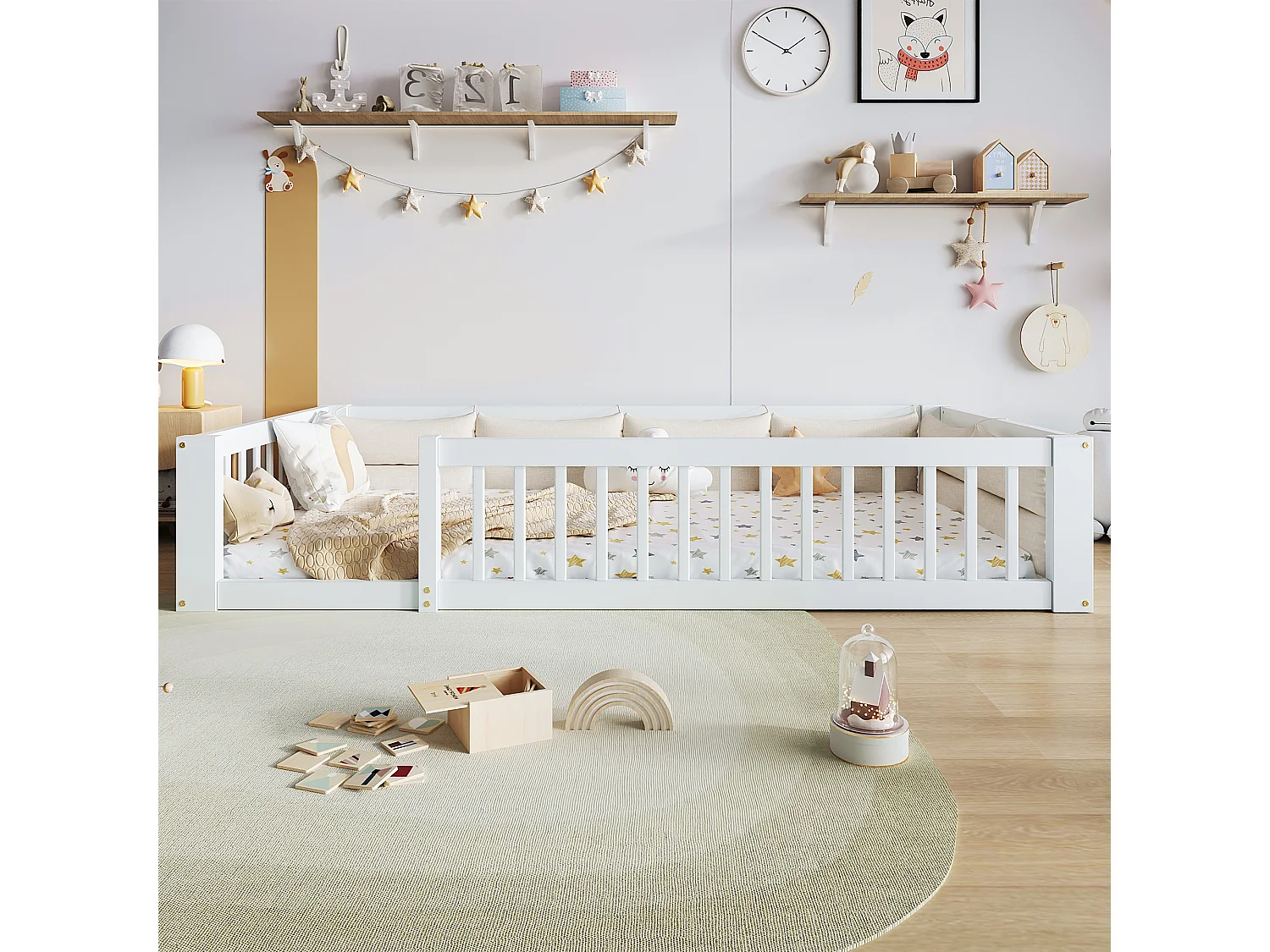 Lit plateforme pour enfant - 90 x 200 cm - avec garde-corps - avec sommier à lattes - bois + MDF - blanc