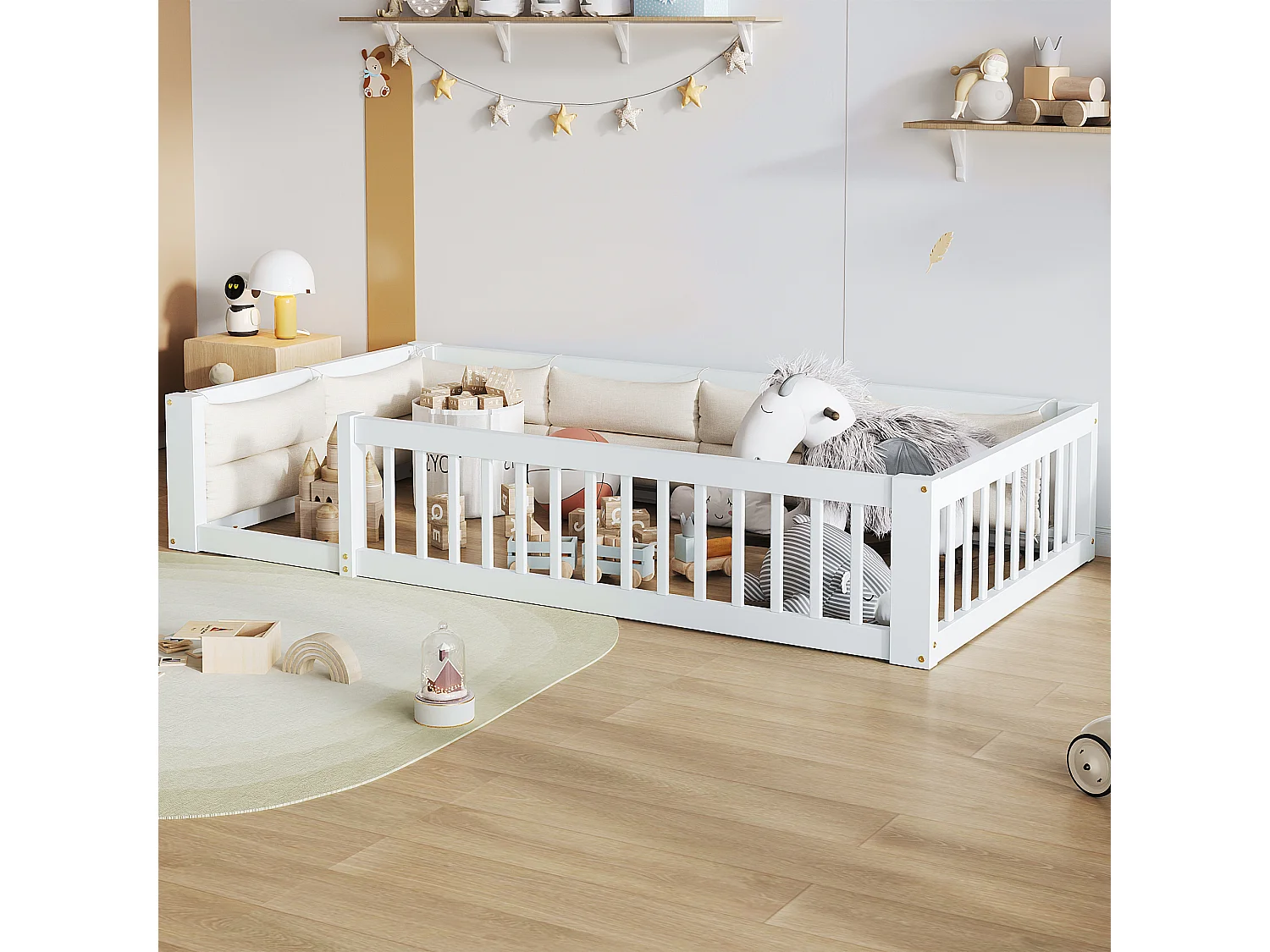 Lit plateforme pour enfant - 90 x 200 cm - avec garde-corps - avec sommier à lattes - bois + MDF - blanc