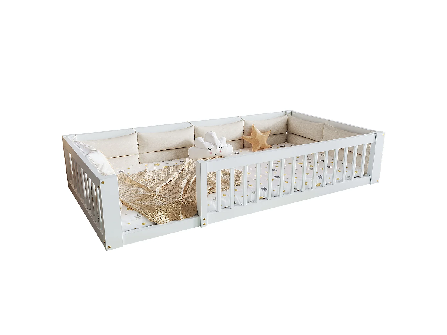 Lit plateforme pour enfant - 90 x 200 cm - avec garde-corps - avec sommier à lattes - bois + MDF - blanc
