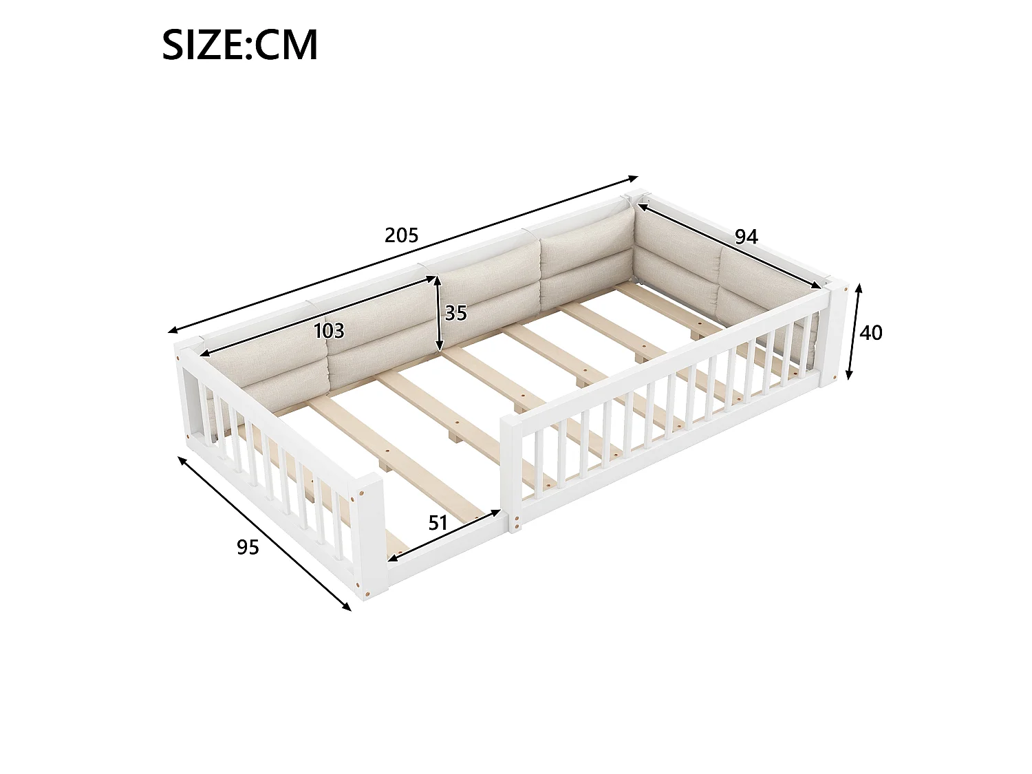 Lit plateforme pour enfant - 90 x 200 cm - avec garde-corps - avec sommier à lattes - bois + MDF - blanc