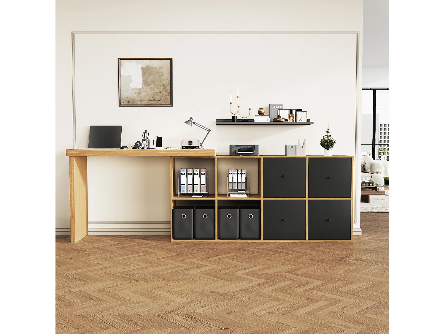 Bureau d'angle plateau pivotant à 360° - 140 x 120 x 78 cm - en L ou droite - avec 4 étagères + 4 tiroirs - MDF - noir + naturel