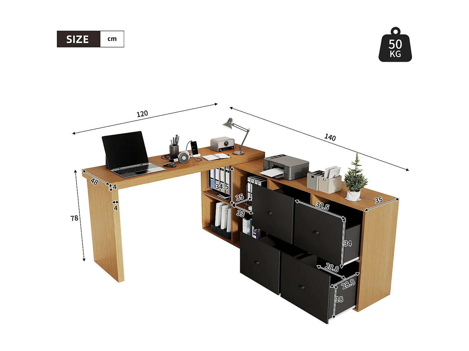 Bureau d'angle plateau pivotant à 360° - 140 x 120 x 78 cm - en L ou droite - avec 4 étagères + 4 tiroirs - MDF - noir + naturel