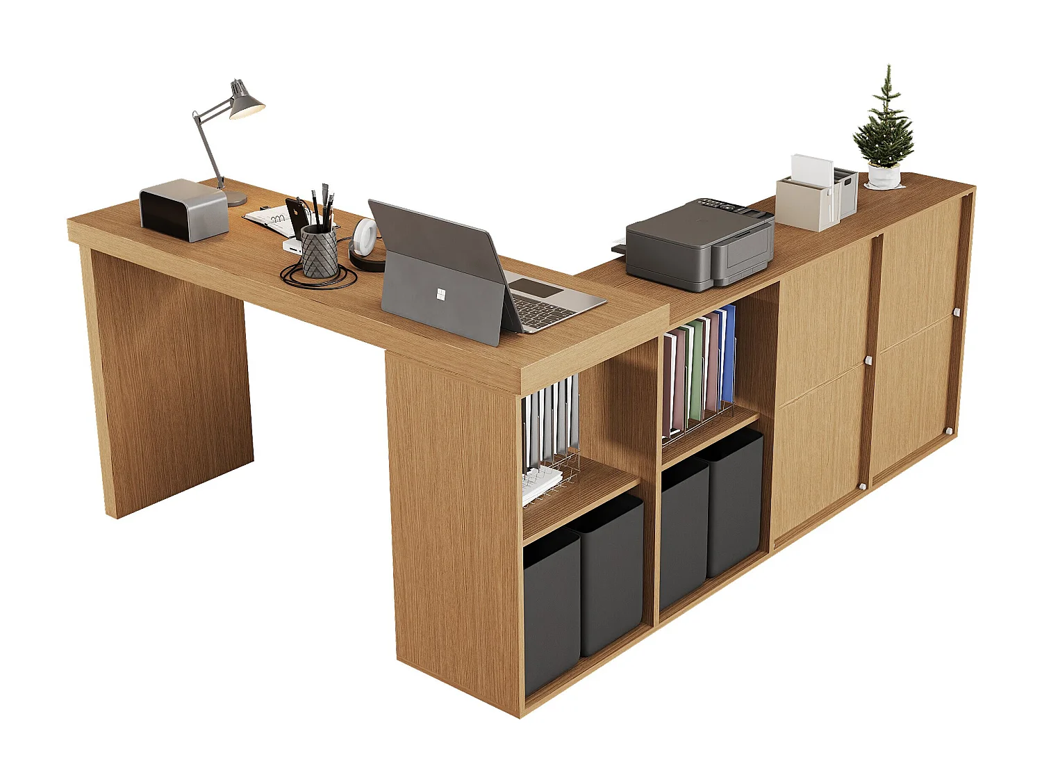 Bureau d'angle plateau pivotant à 360° - 140 x 120 x 78 cm - en L ou droite - avec 4 étagères + 4 tiroirs - MDF - noir + naturel