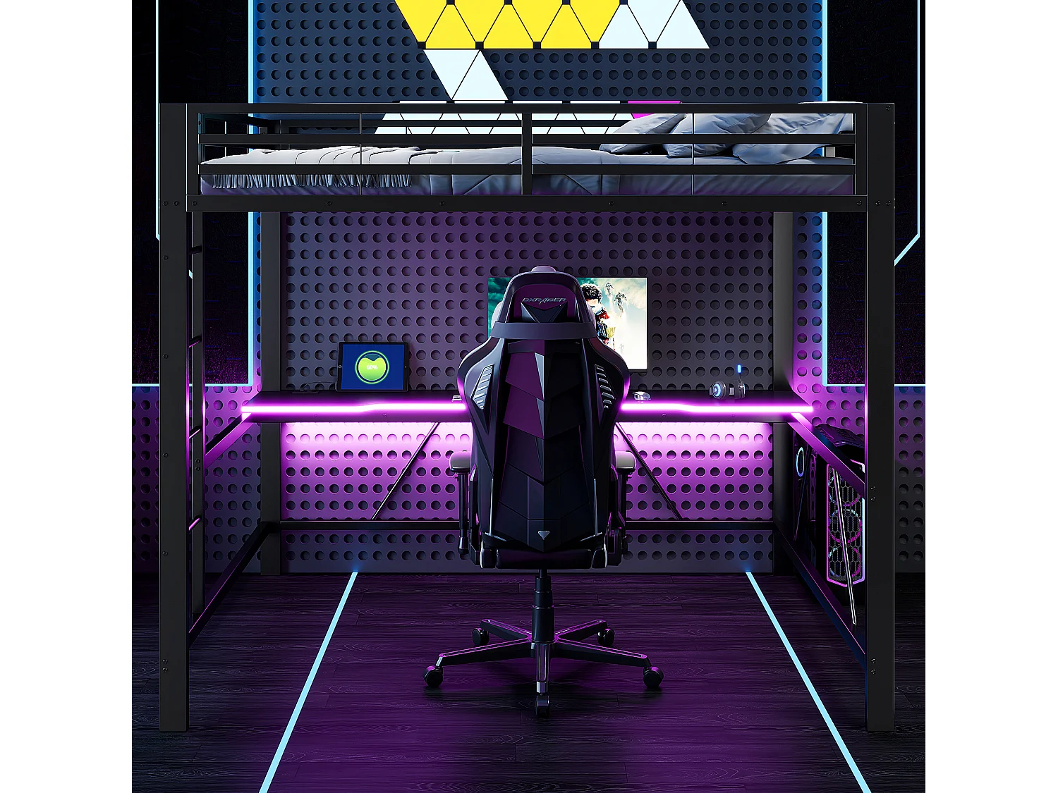 Lit mezzanine gaming en métal pour enfant - 160 x 200 cm - avec Leds + USB + bureau - noir