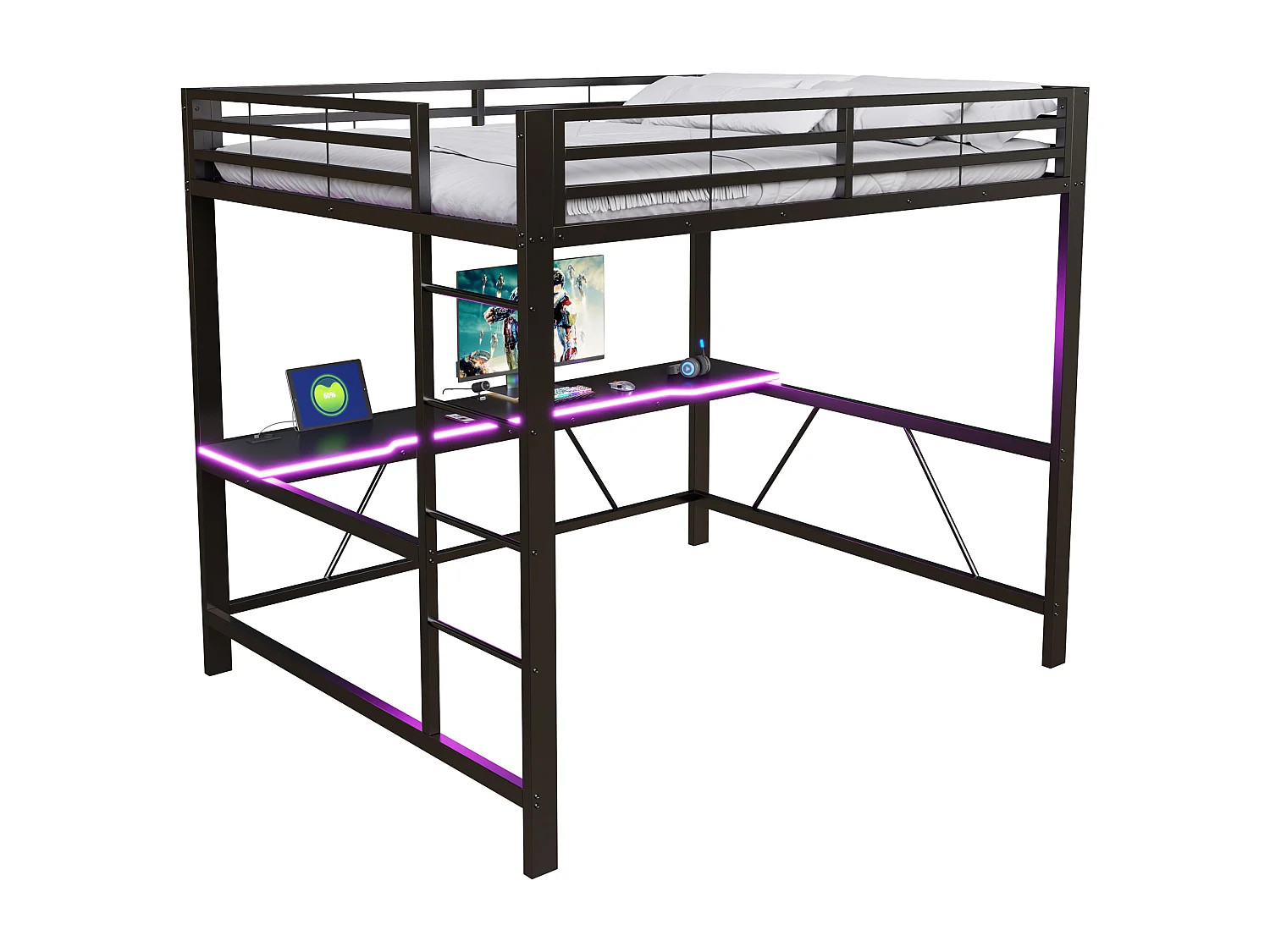 Lit mezzanine gaming en métal pour enfant - 160 x 200 cm - avec Leds + USB + bureau - noir