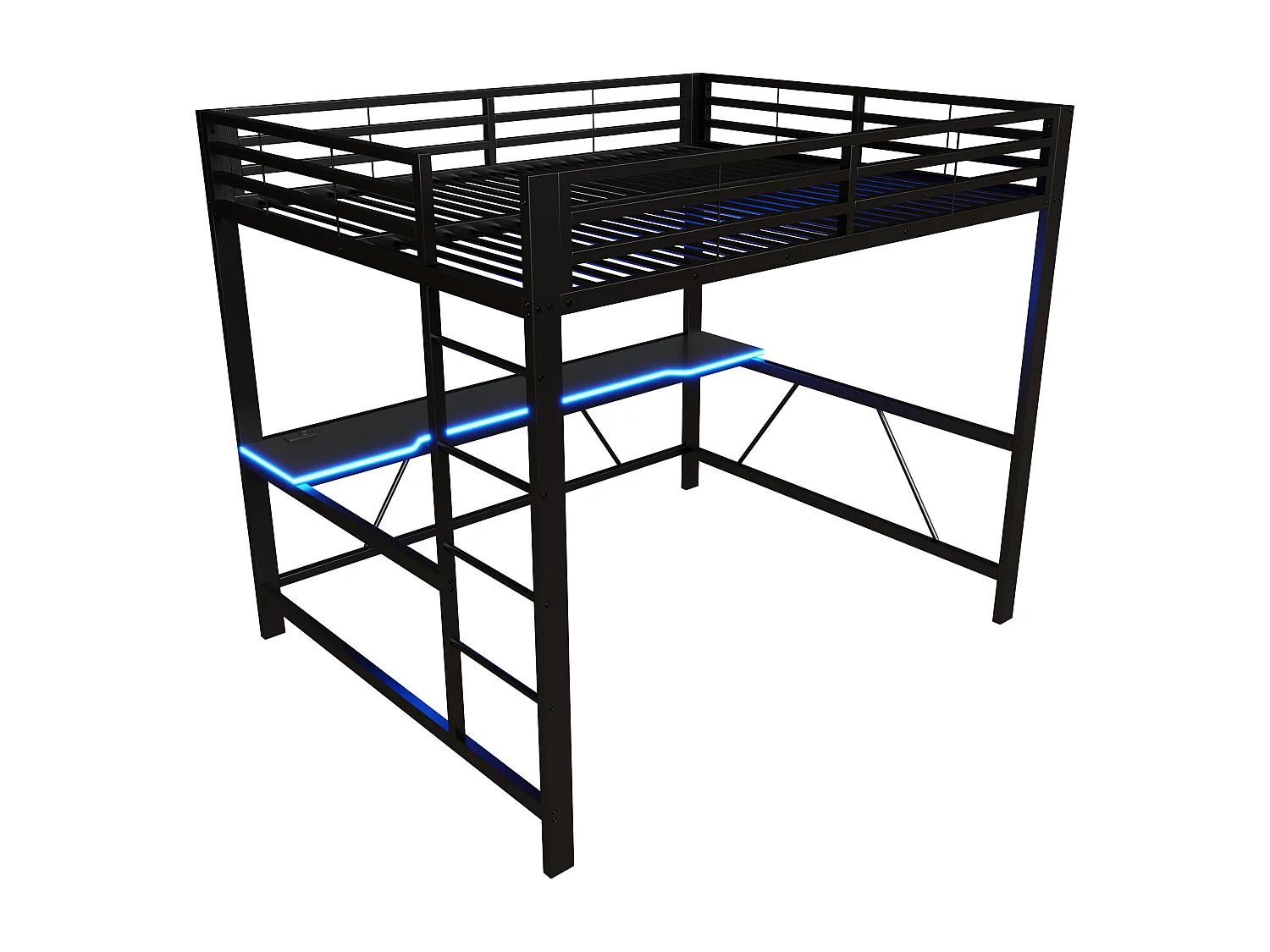 Lit mezzanine gaming en métal pour enfant - 160 x 200 cm - avec Leds + USB + bureau - noir
