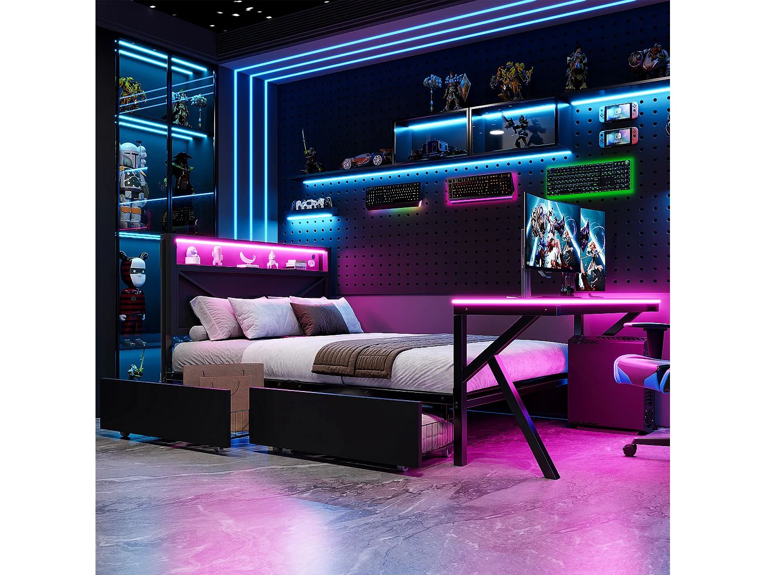 Lit plateforme gaming en métal pour enfant - 140 x 200 cm - avec tête de lit + bureau + 2 tiroirs + Leds - noir