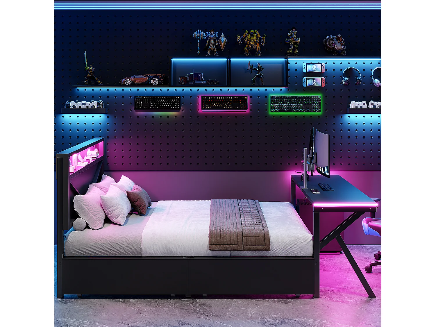 Lit plateforme gaming en métal pour enfant - 140 x 200 cm - avec tête de lit + bureau + 2 tiroirs + Leds - noir
