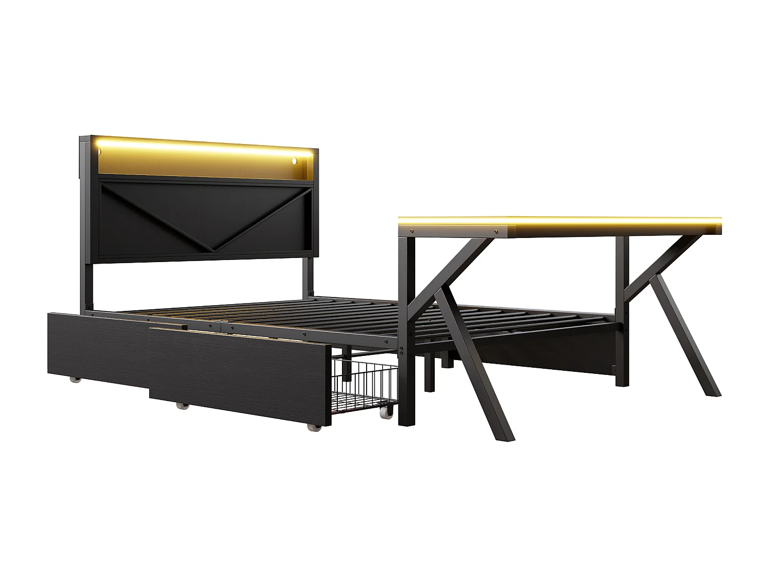 Lit plateforme gaming en métal pour enfant - 140 x 200 cm - avec tête de lit + bureau + 2 tiroirs + Leds - noir