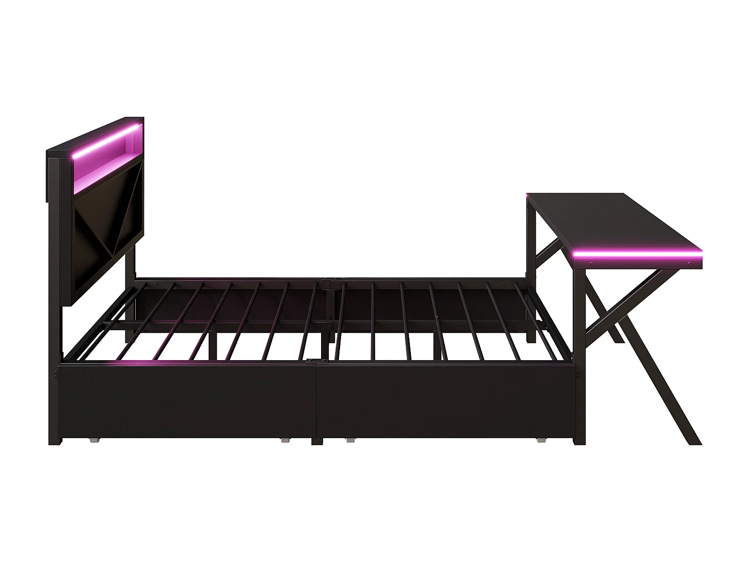 Lit plateforme gaming en métal pour enfant - 140 x 200 cm - avec tête de lit + bureau + 2 tiroirs + Leds - noir