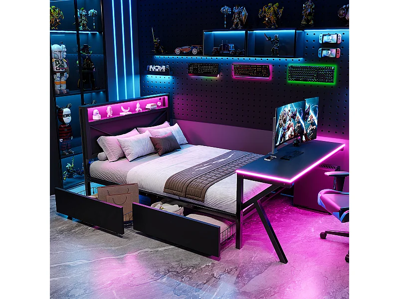 Lit plateforme gaming en métal pour enfant - 140 x 200 cm - avec tête de lit + bureau + 2 tiroirs + Leds - noir