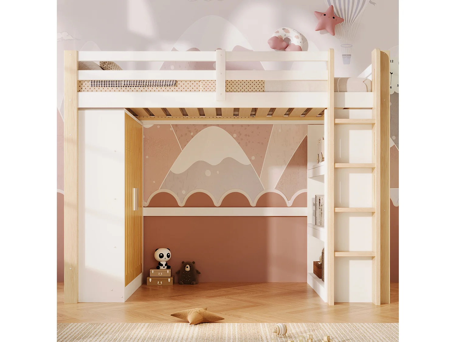 Letto a soppalco per bambini - 90 x 200 cm - con LED + armadio + ripiano portaoggetti - legno - bianco + naturale
