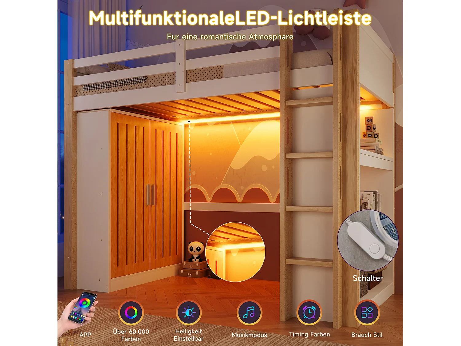 Letto a soppalco per bambini - 90 x 200 cm - con LED + armadio + ripiano portaoggetti - legno - bianco + naturale