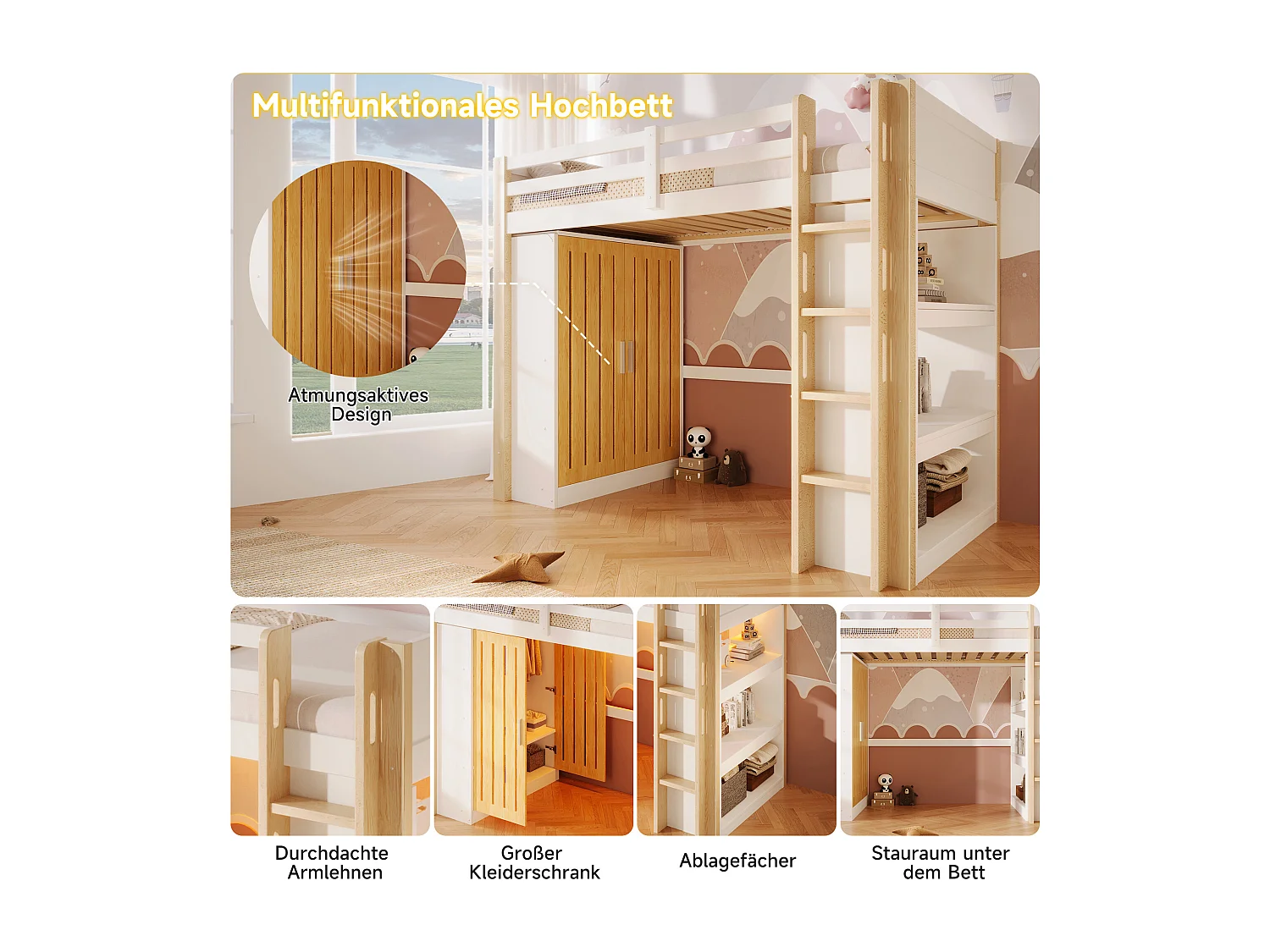 Letto a soppalco per bambini - 90 x 200 cm - con LED + armadio + ripiano portaoggetti - legno - bianco + naturale