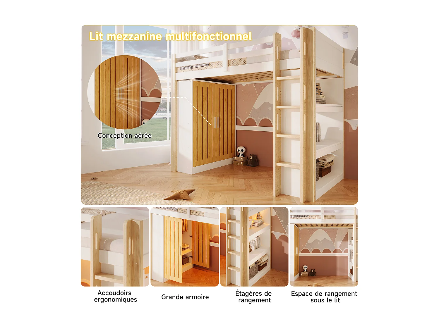 Letto a soppalco per bambini - 90 x 200 cm - con LED + armadio + ripiano portaoggetti - legno - bianco + naturale