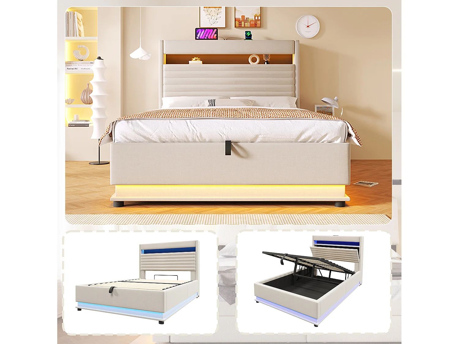 Lit coffre capitonné - 140 x 200 cm - avec USB + Leds + suspension hydraulique + tête de lit de rangement rabattable - lin - beige