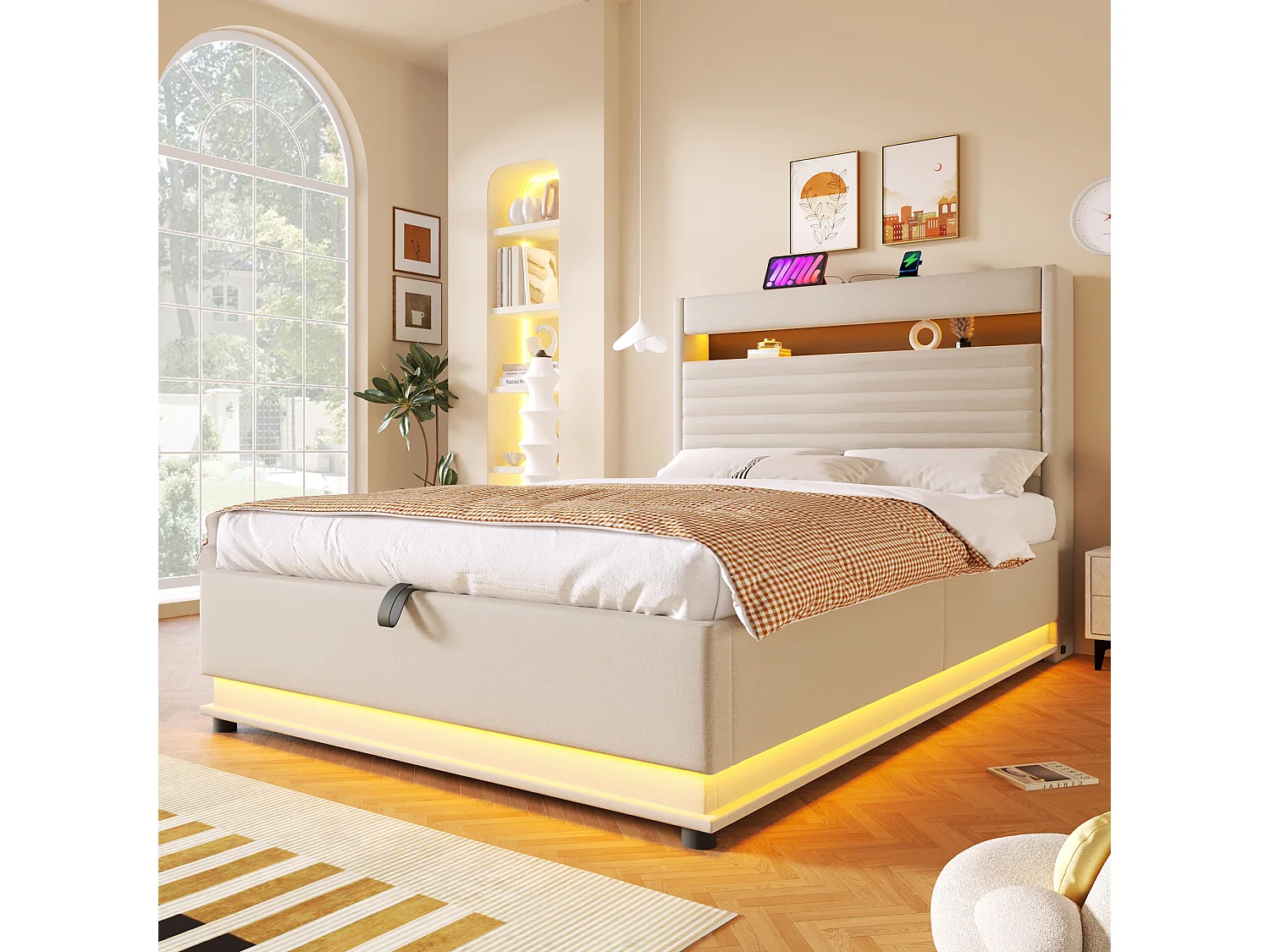 Lit coffre capitonné - 140 x 200 cm - avec USB + Leds + suspension hydraulique + tête de lit de rangement rabattable - lin - beige