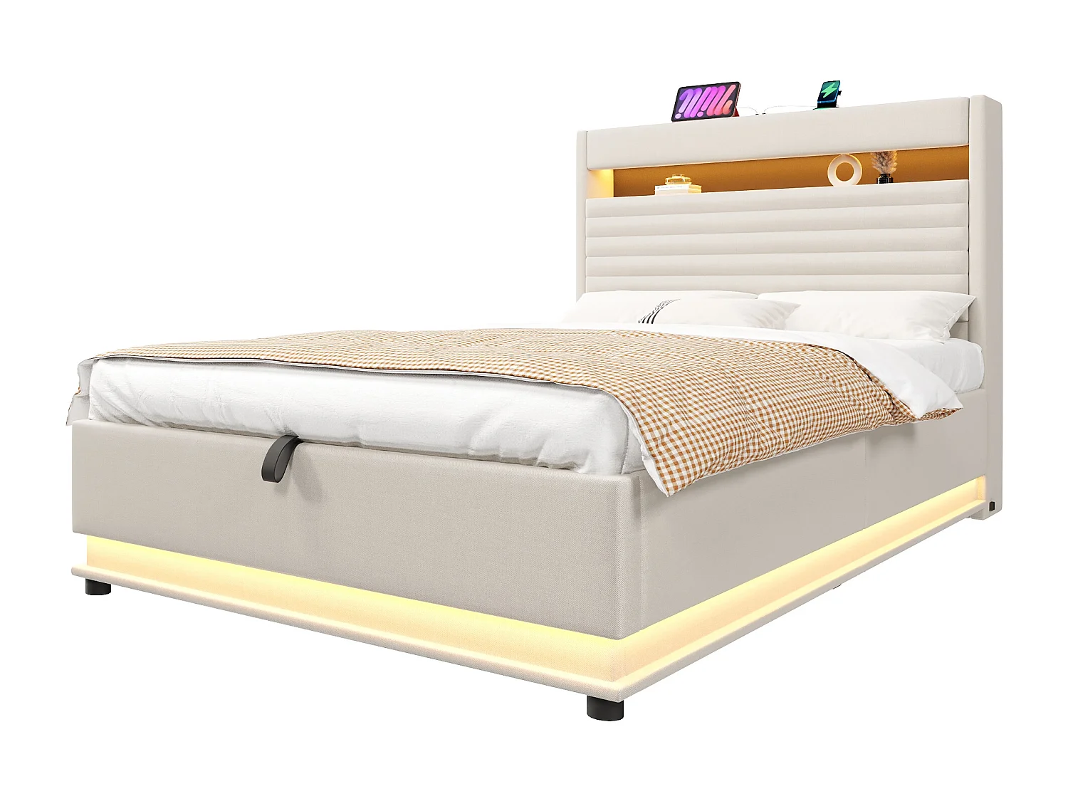 Lit coffre capitonné - 140 x 200 cm - avec USB + Leds + suspension hydraulique + tête de lit de rangement rabattable - lin - beige