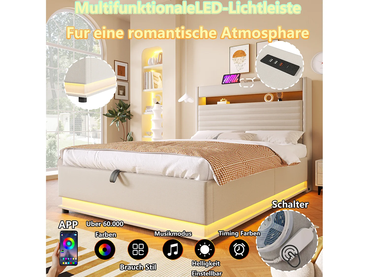 Lit coffre capitonné - 140 x 200 cm - avec USB + Leds + suspension hydraulique + tête de lit de rangement rabattable - lin - beige