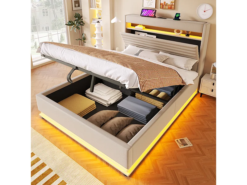 Lit coffre capitonné - 140 x 200 cm - avec USB + Leds + suspension hydraulique + tête de lit de rangement rabattable - lin - beige