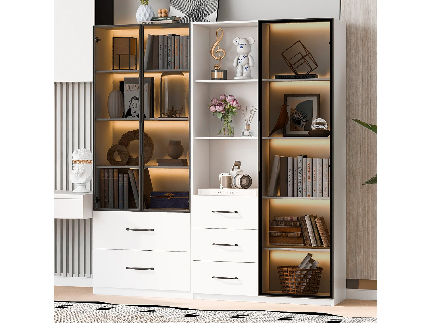 Stofbestendige glazen vitrine - 140 x 40 x 160 cm - met glas en open vakken + LED's - spaanplaat - wit