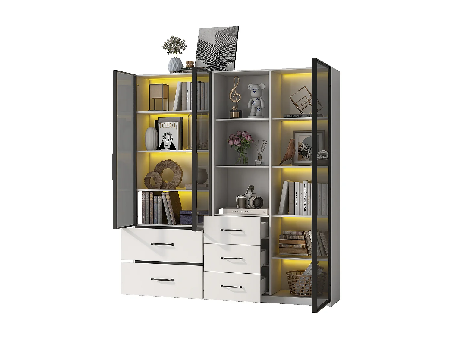 Stofbestendige glazen vitrine - 140 x 40 x 160 cm - met glas en open vakken + LED's - spaanplaat - wit