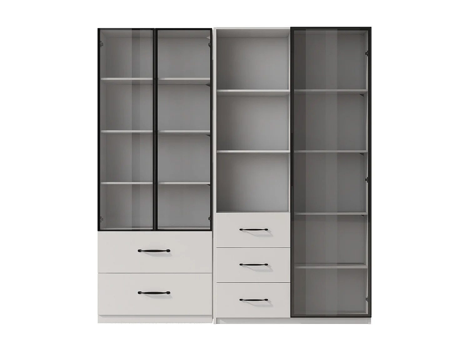 Stofbestendige glazen vitrine - 140 x 40 x 160 cm - met glas en open vakken + LED's - spaanplaat - wit