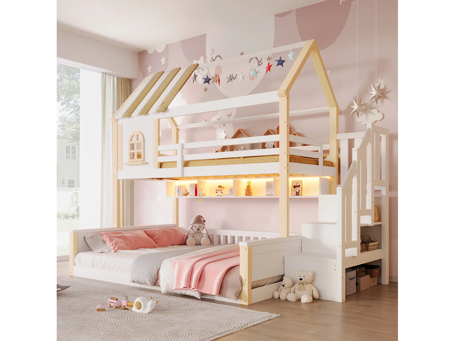 Beliche infantil - 90 x 200 cm + 140 x 200 cm - com LEDs + prateleiras + escada de arrumação - design para casa - madeira - branco e natural