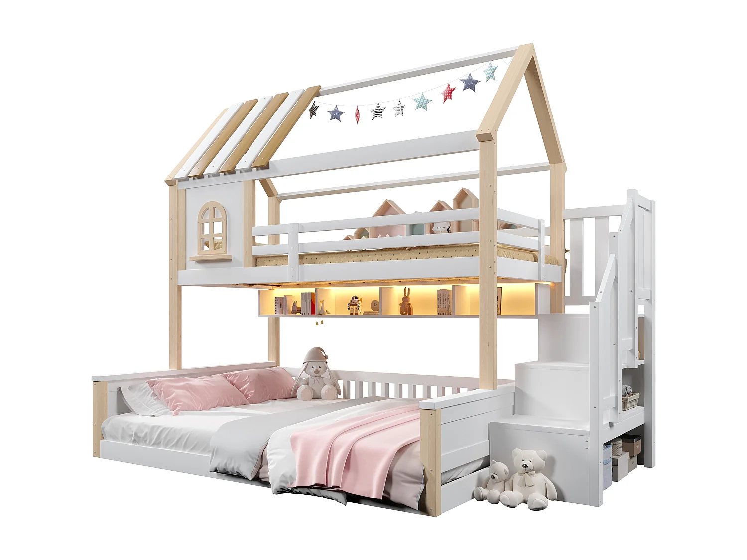 Beliche infantil - 90 x 200 cm + 140 x 200 cm - com LEDs + prateleiras + escada de arrumação - design para casa - madeira - branco e natural