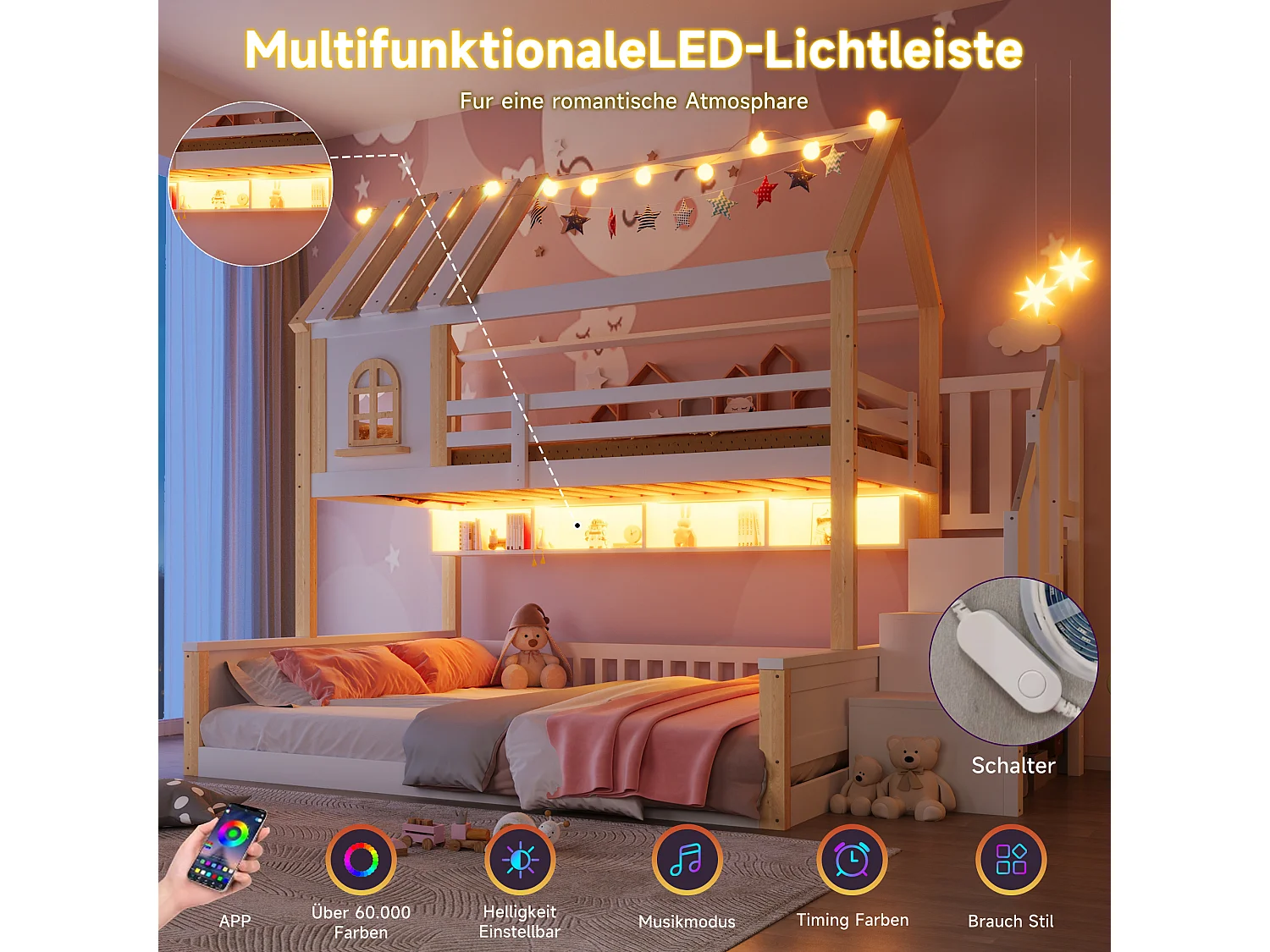 Beliche infantil - 90 x 200 cm + 140 x 200 cm - com LEDs + prateleiras + escada de arrumação - design para casa - madeira - branco e natural
