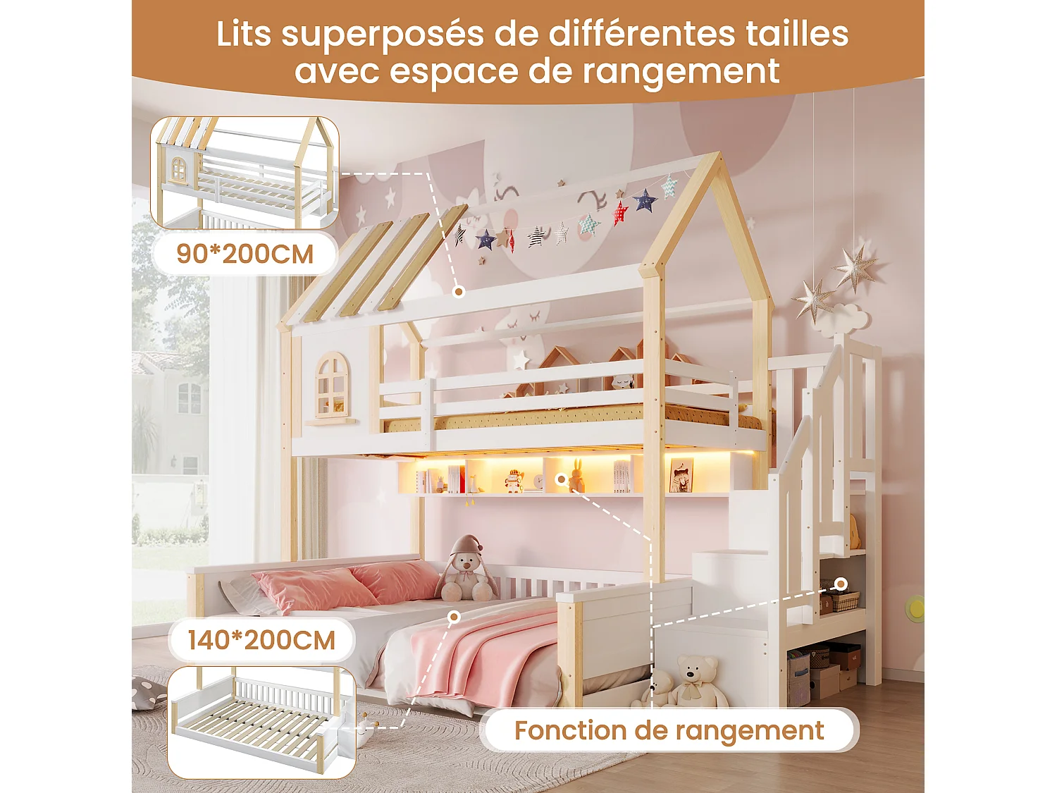 Beliche infantil - 90 x 200 cm + 140 x 200 cm - com LEDs + prateleiras + escada de arrumação - design para casa - madeira - branco e natural