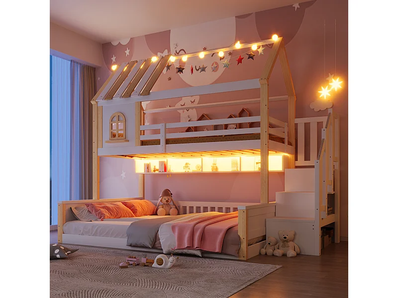 Beliche infantil - 90 x 200 cm + 140 x 200 cm - com LEDs + prateleiras + escada de arrumação - design para casa - madeira - branco e natural