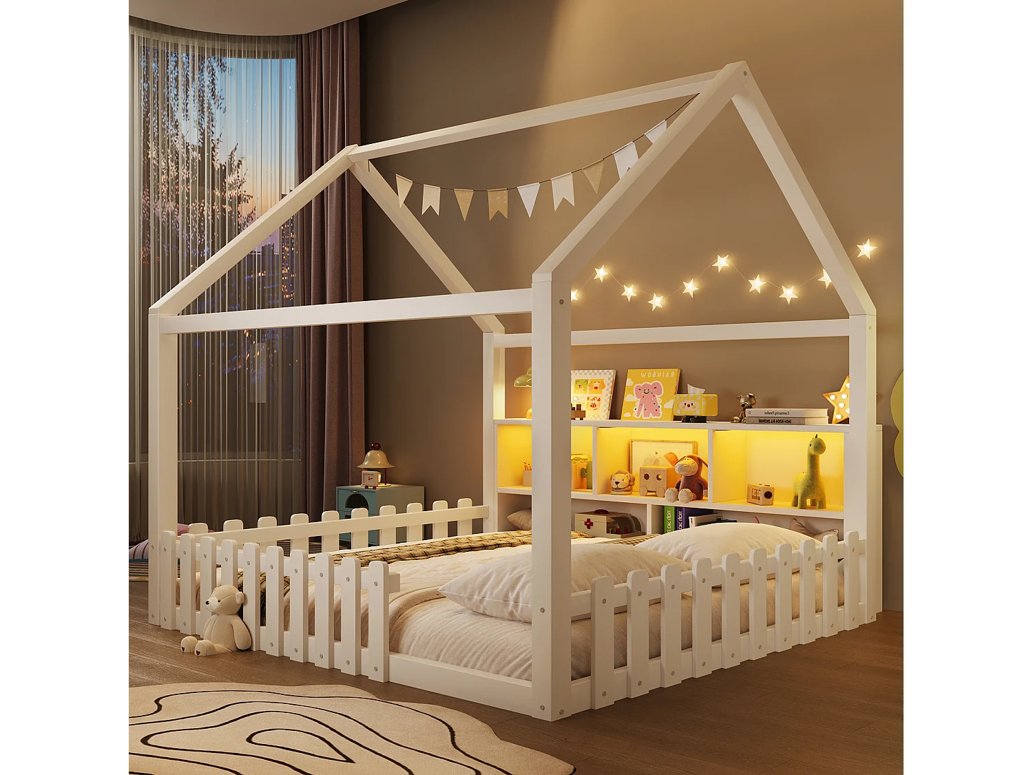 Lit plat pour enfant - 140 x 190 cm - avec barrière de sécurité + Leds + étagère de rangement - design maison - pin - blanc