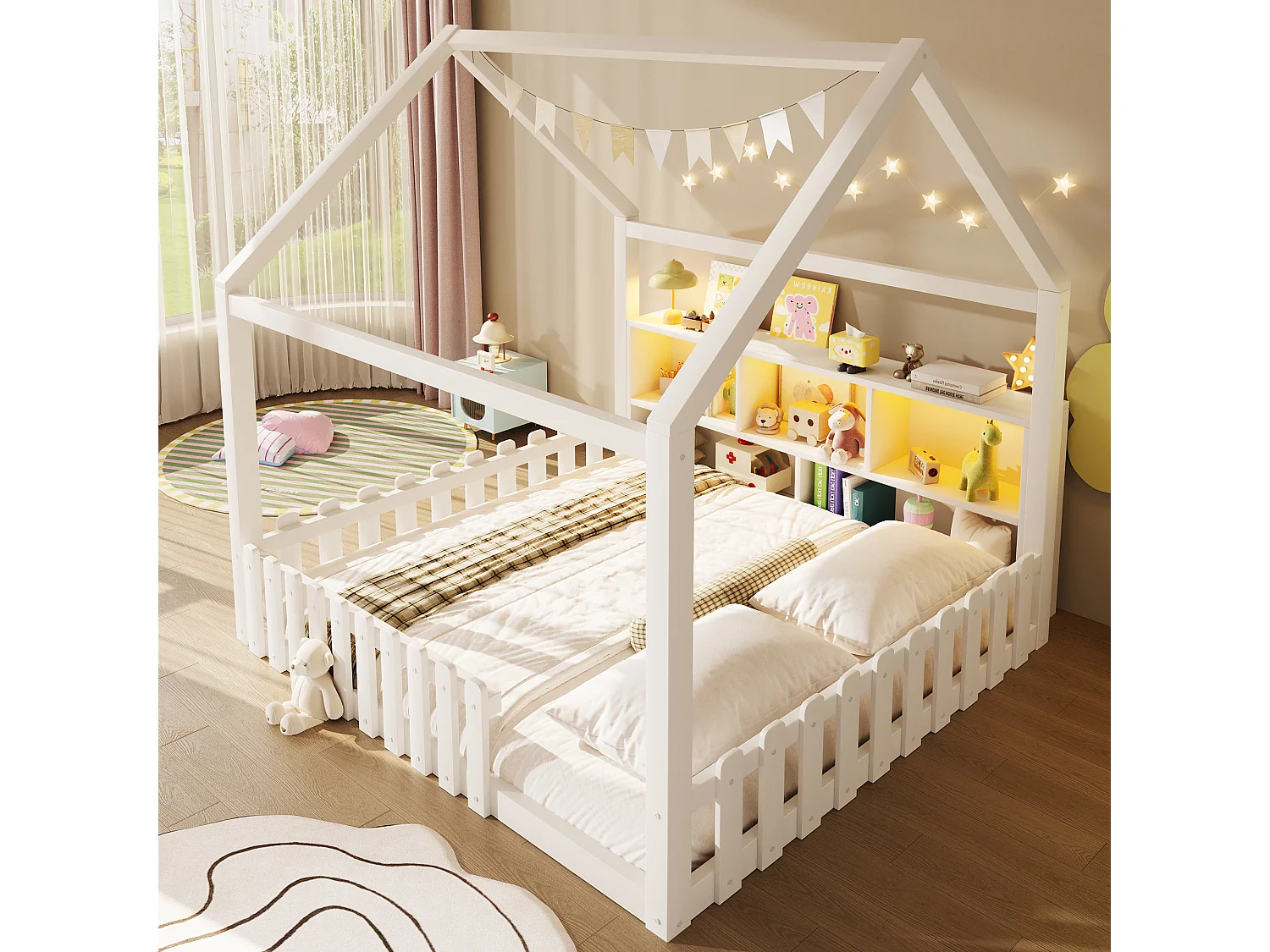 Lit plat pour enfant - 140 x 190 cm - avec barrière de sécurité + Leds + étagère de rangement - design maison - pin - blanc