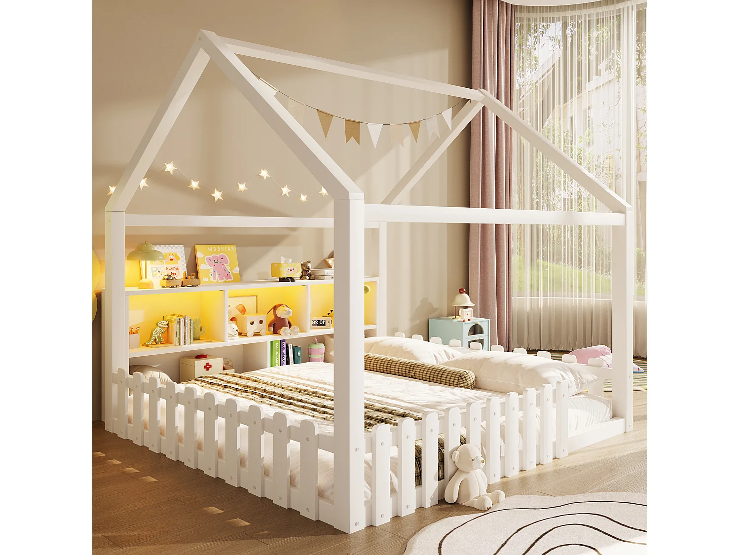 Lit plat pour enfant - 140 x 190 cm - avec barrière de sécurité + Leds + étagère de rangement - design maison - pin - blanc