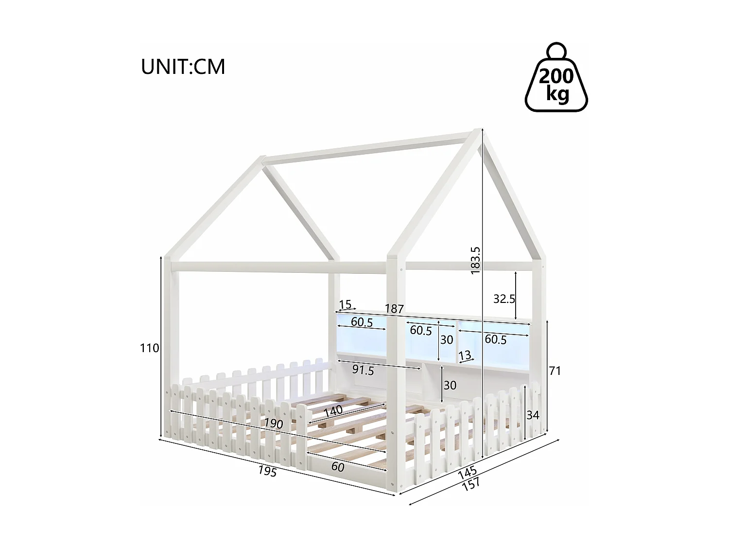 Lit plat pour enfant - 140 x 190 cm - avec barrière de sécurité + Leds + étagère de rangement - design maison - pin - blanc