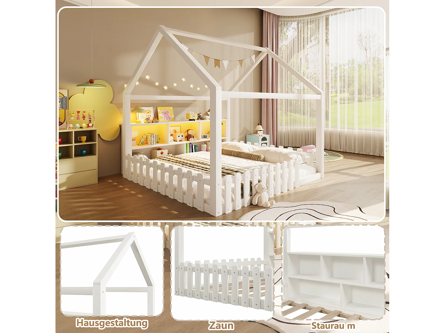 Lit plat pour enfant - 140 x 190 cm - avec barrière de sécurité + Leds + étagère de rangement - design maison - pin - blanc