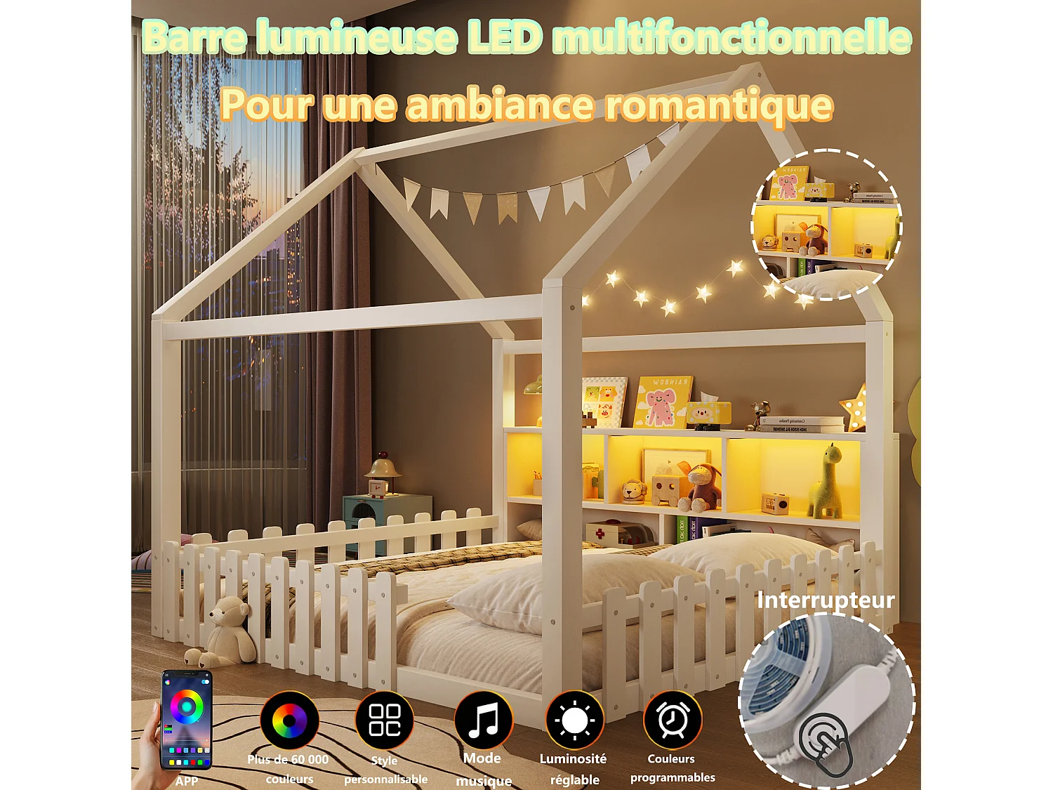 Lit plat pour enfant - 140 x 190 cm - avec barrière de sécurité + Leds + étagère de rangement - design maison - pin - blanc