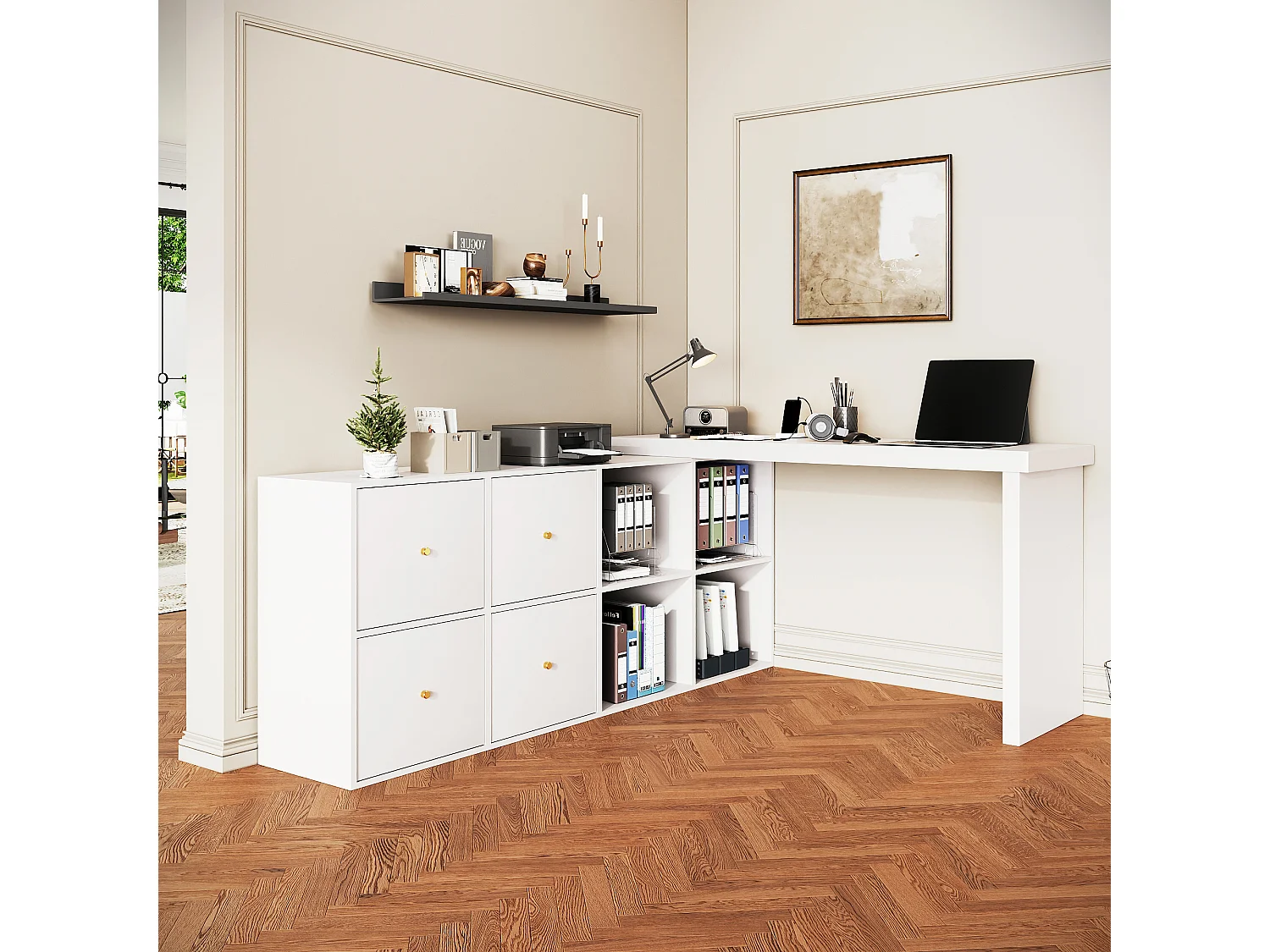 Bureau d'angle plateau pivotant à 360° - 140 x 120 x 78 cm - en L ou droite - avec 4 compartiments + 4 tiroirs - MDF - blanc